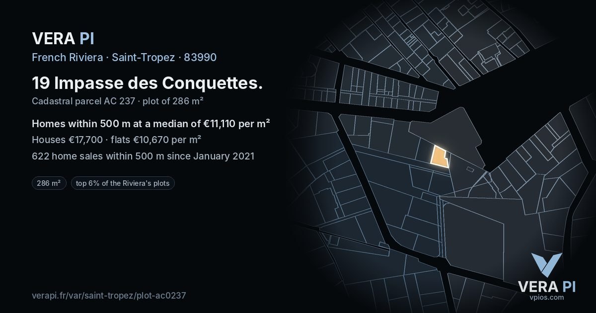 19 Impasse des Conquettes, Saint-Tropez at night – the plot lit, the parcels around coloured by the prices near them