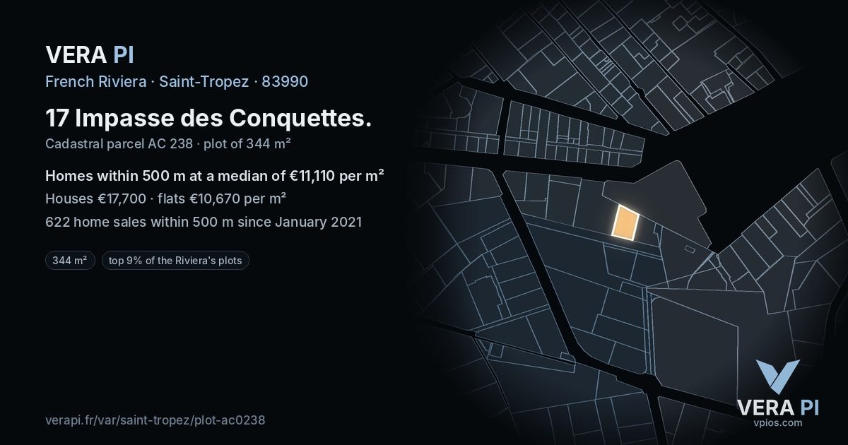 17 Impasse des Conquettes, Saint-Tropez at night – the plot lit, the parcels around coloured by the prices near them