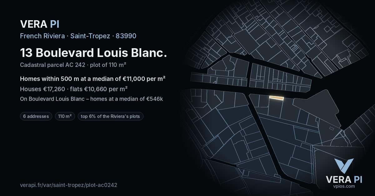 13 Boulevard Louis Blanc, Saint-Tropez at night – the plot lit, the parcels around coloured by the prices near them
