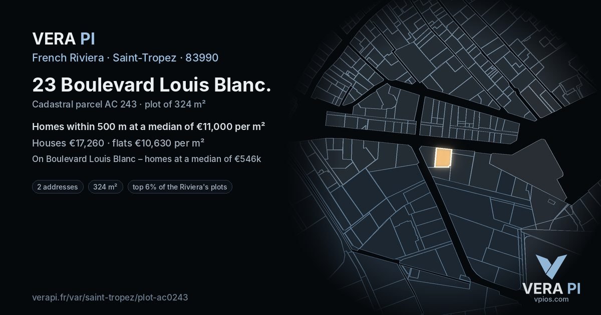 23 Boulevard Louis Blanc, Saint-Tropez at night – the plot lit, the parcels around coloured by the prices near them