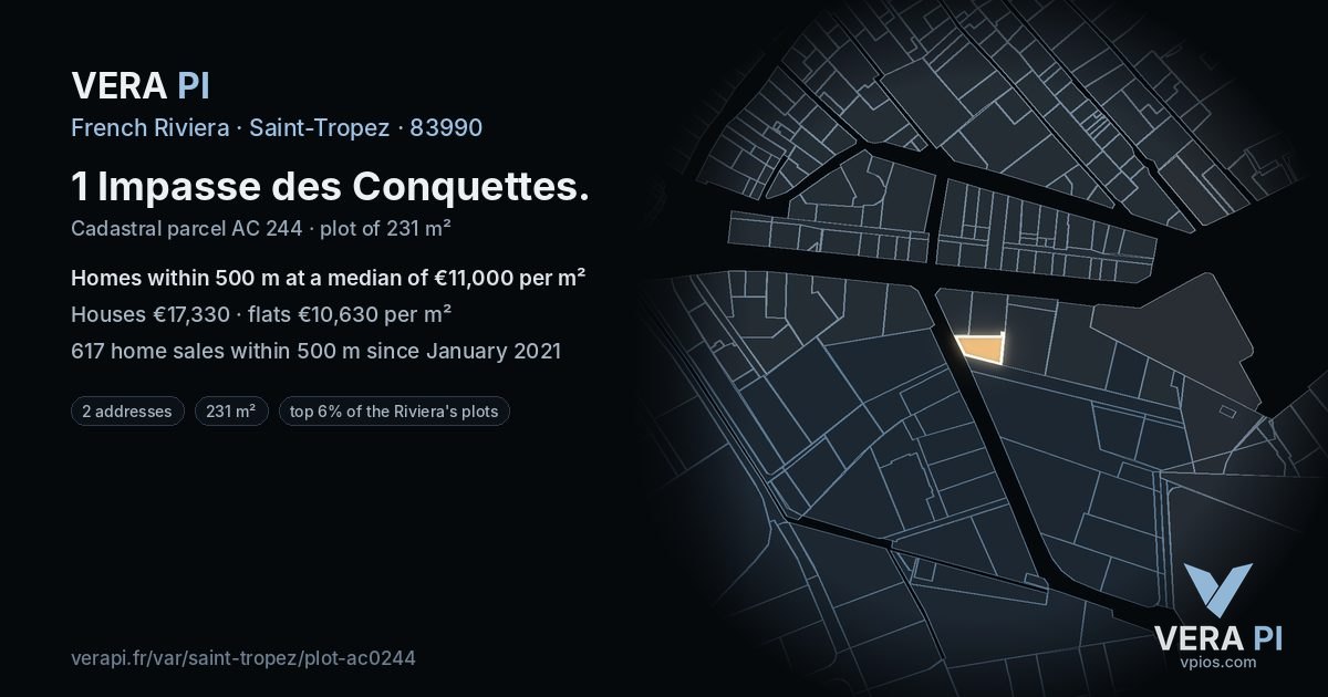 1 Impasse des Conquettes, Saint-Tropez at night – the plot lit, the parcels around coloured by the prices near them