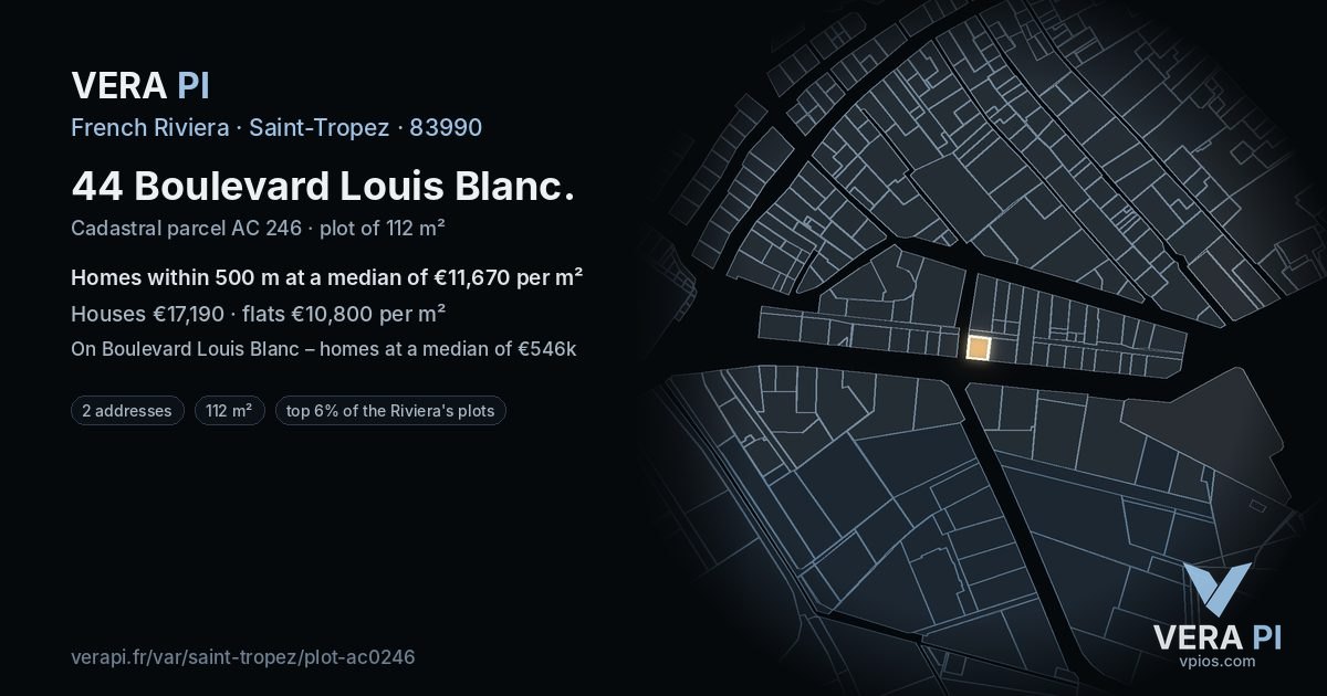 44 Boulevard Louis Blanc, Saint-Tropez at night – the plot lit, the parcels around coloured by the prices near them