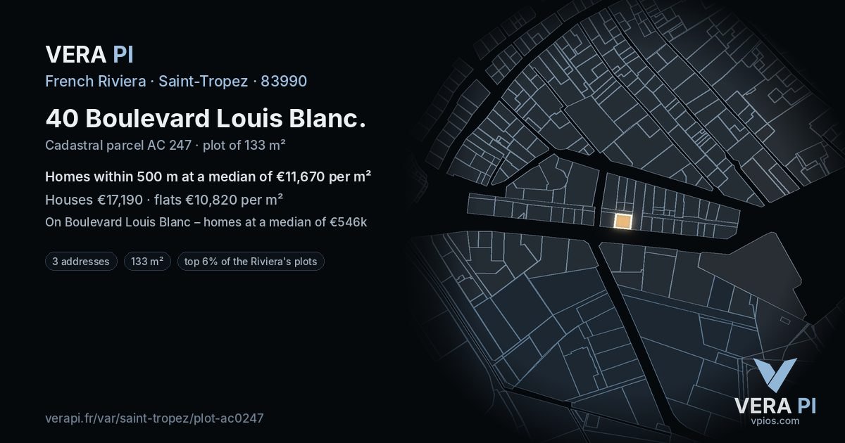 40 Boulevard Louis Blanc, Saint-Tropez at night – the plot lit, the parcels around coloured by the prices near them