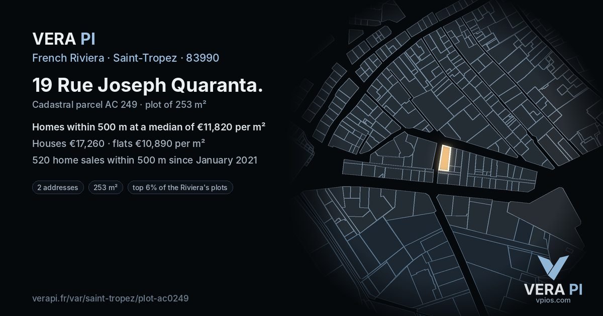 19 Rue Joseph Quaranta, Saint-Tropez at night – the plot lit, the parcels around coloured by the prices near them