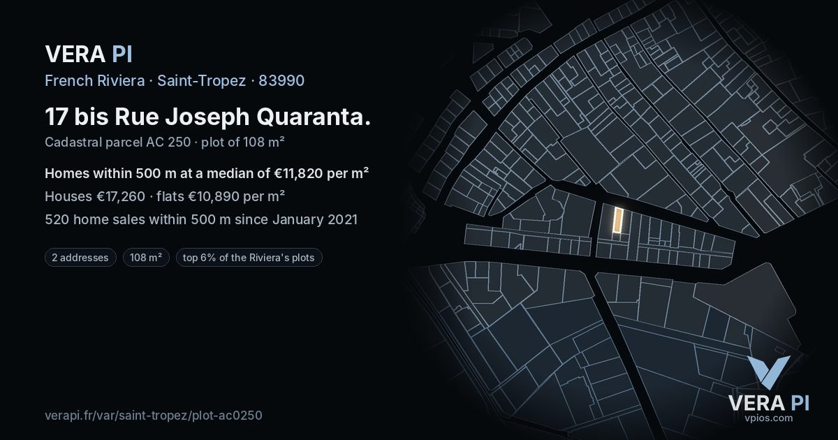 17 bis Rue Joseph Quaranta, Saint-Tropez at night – the plot lit, the parcels around coloured by the prices near them