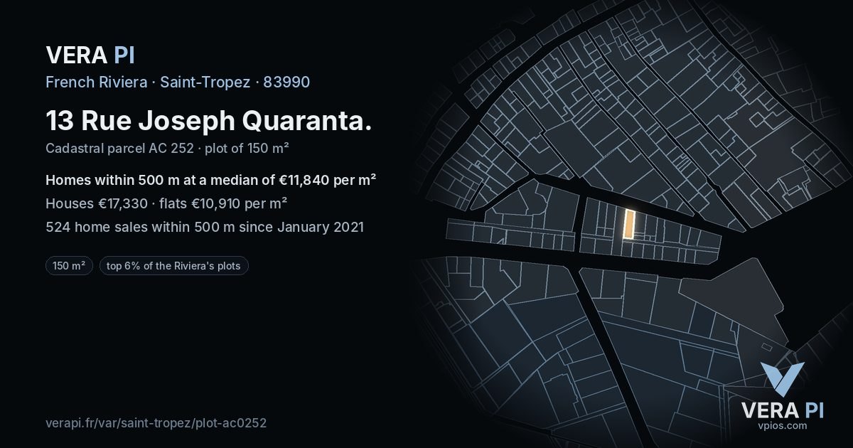 13 Rue Joseph Quaranta, Saint-Tropez at night – the plot lit, the parcels around coloured by the prices near them