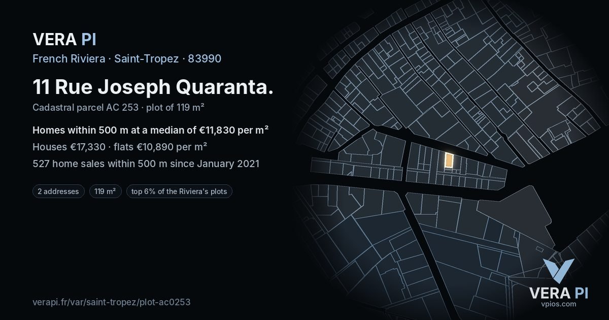 11 Rue Joseph Quaranta, Saint-Tropez at night – the plot lit, the parcels around coloured by the prices near them