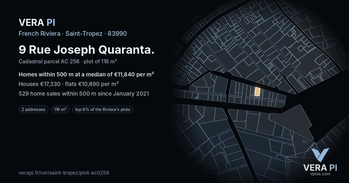 9 Rue Joseph Quaranta, Saint-Tropez at night – the plot lit, the parcels around coloured by the prices near them