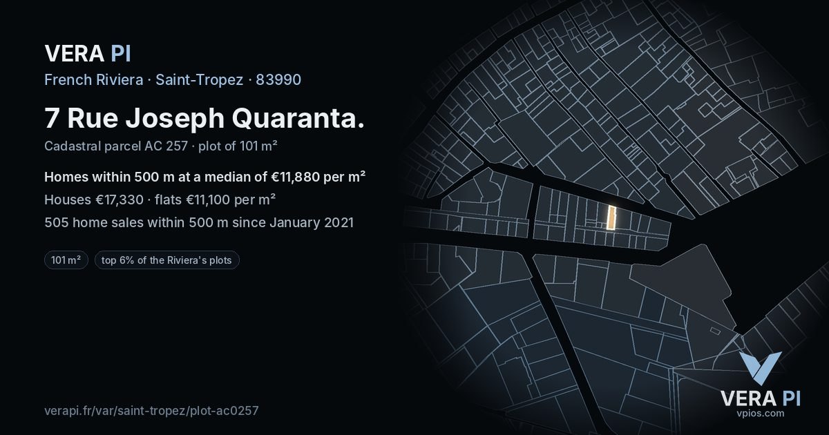 7 Rue Joseph Quaranta, Saint-Tropez at night – the plot lit, the parcels around coloured by the prices near them