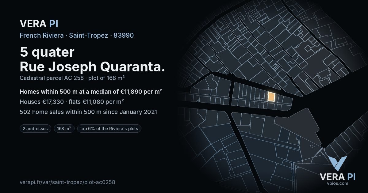 5 quater Rue Joseph Quaranta, Saint-Tropez at night – the plot lit, the parcels around coloured by the prices near them