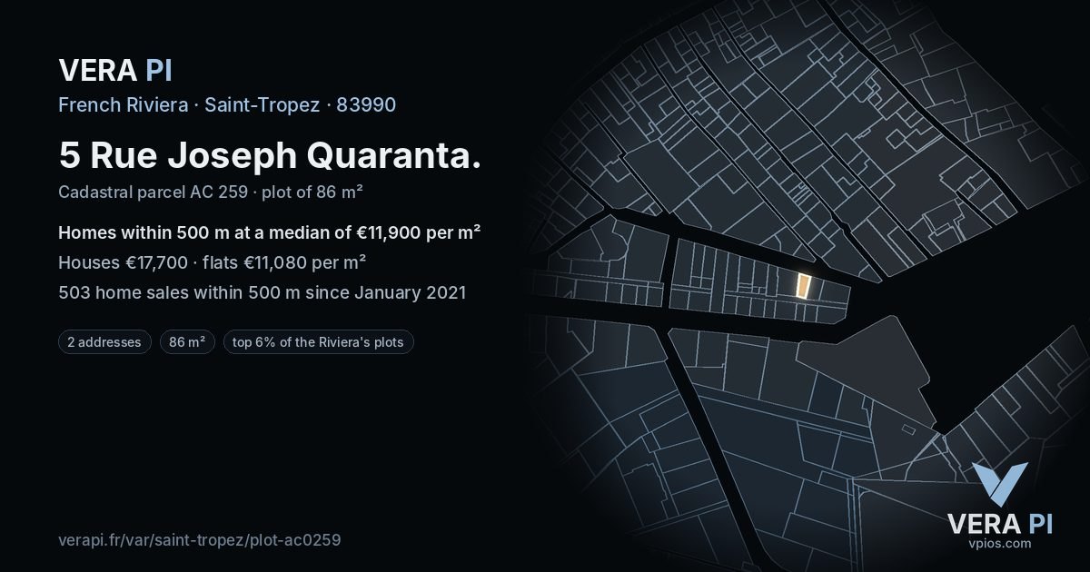 5 Rue Joseph Quaranta, Saint-Tropez at night – the plot lit, the parcels around coloured by the prices near them