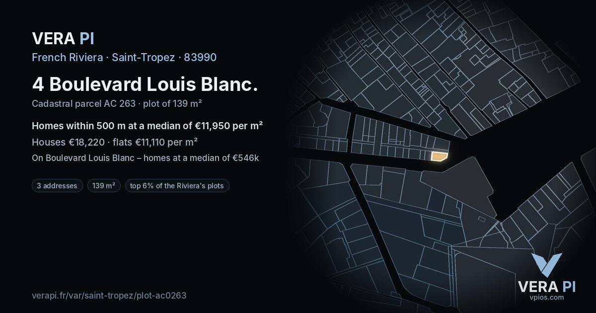 4 Boulevard Louis Blanc, Saint-Tropez at night – the plot lit, the parcels around coloured by the prices near them