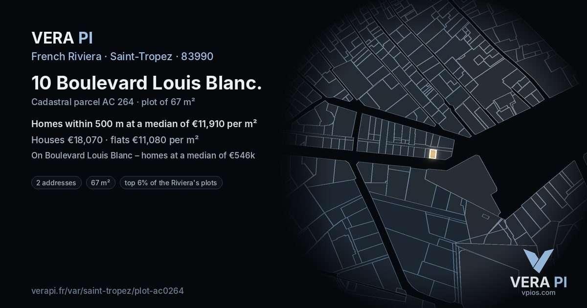 10 Boulevard Louis Blanc, Saint-Tropez at night – the plot lit, the parcels around coloured by the prices near them