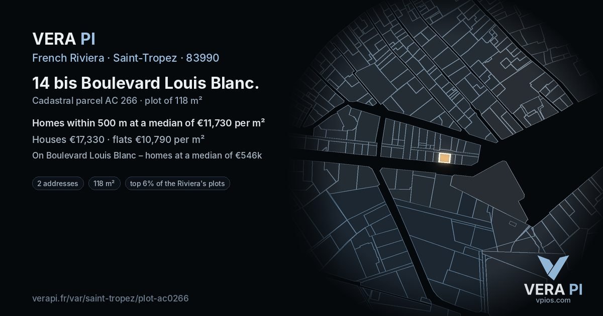 14 bis Boulevard Louis Blanc, Saint-Tropez at night – the plot lit, the parcels around coloured by the prices near them