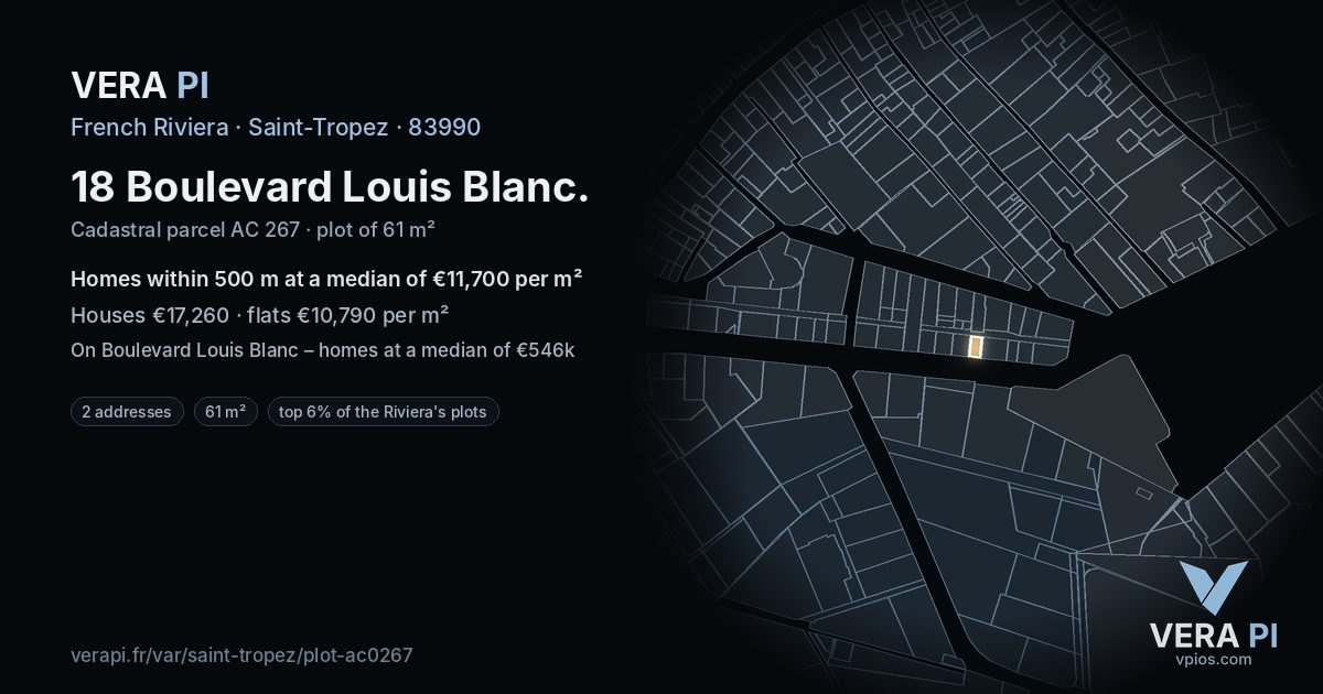 18 Boulevard Louis Blanc, Saint-Tropez at night – the plot lit, the parcels around coloured by the prices near them