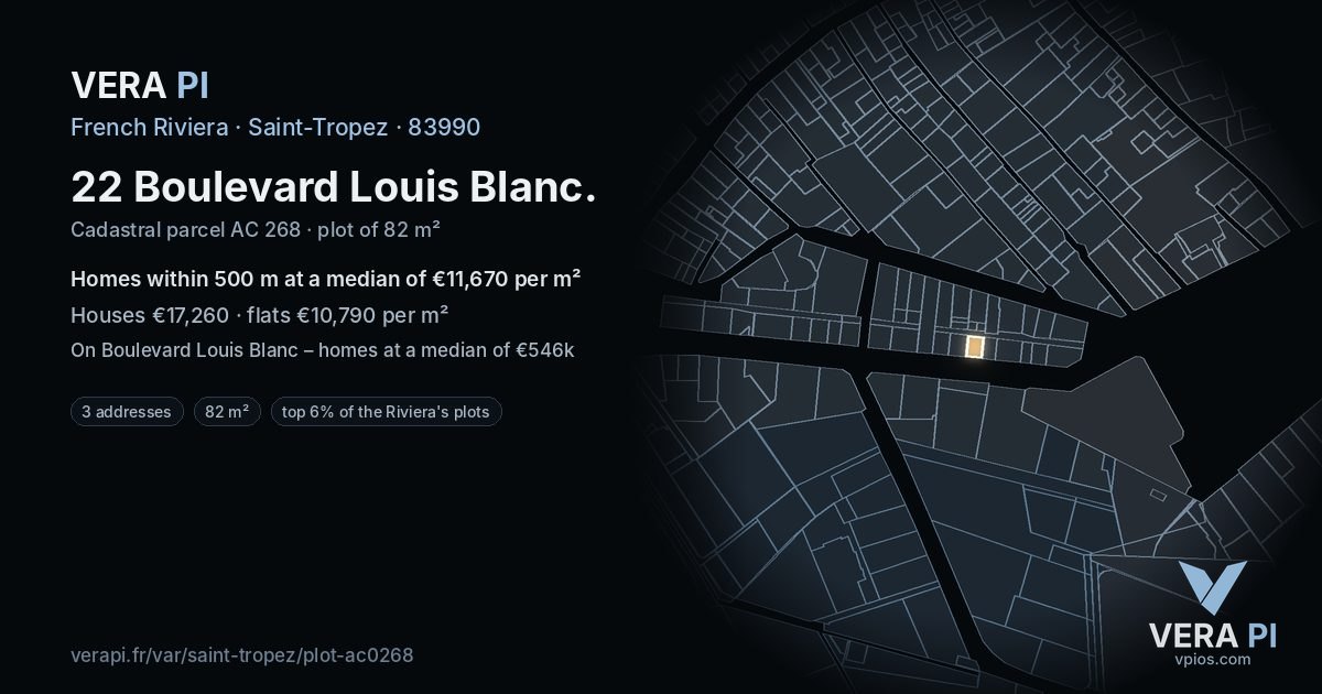 22 Boulevard Louis Blanc, Saint-Tropez at night – the plot lit, the parcels around coloured by the prices near them