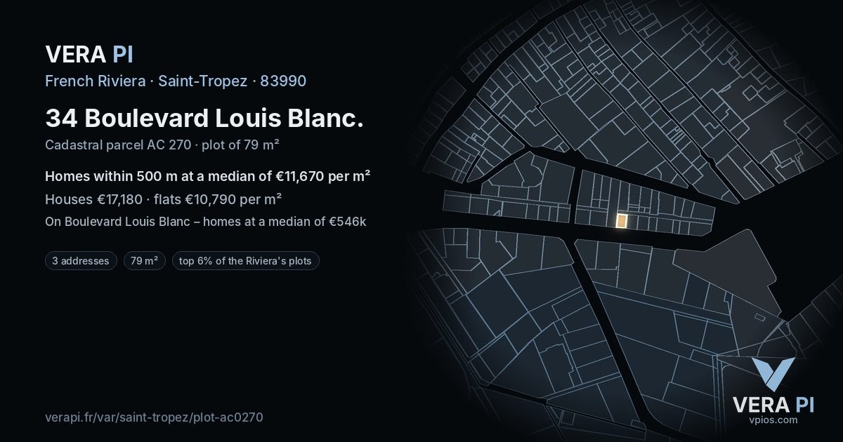 34 Boulevard Louis Blanc, Saint-Tropez at night – the plot lit, the parcels around coloured by the prices near them