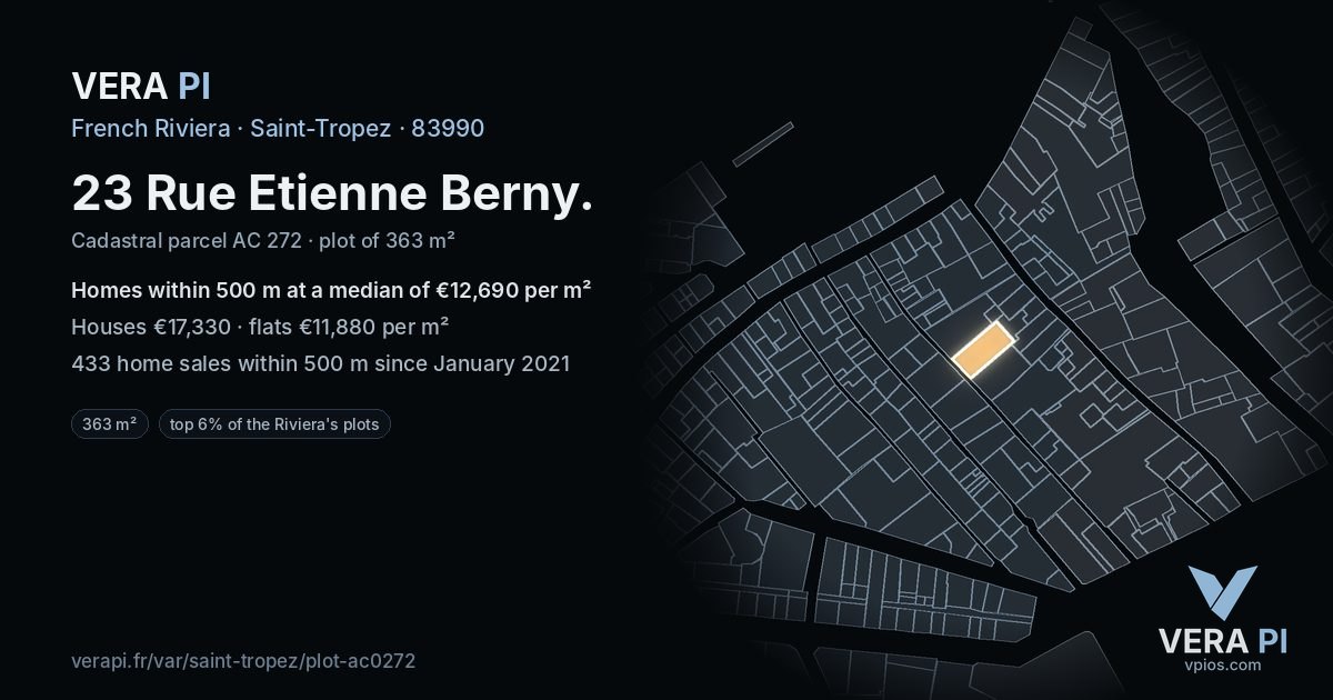 23 Rue Etienne Berny, Saint-Tropez at night – the plot lit, the parcels around coloured by the prices near them