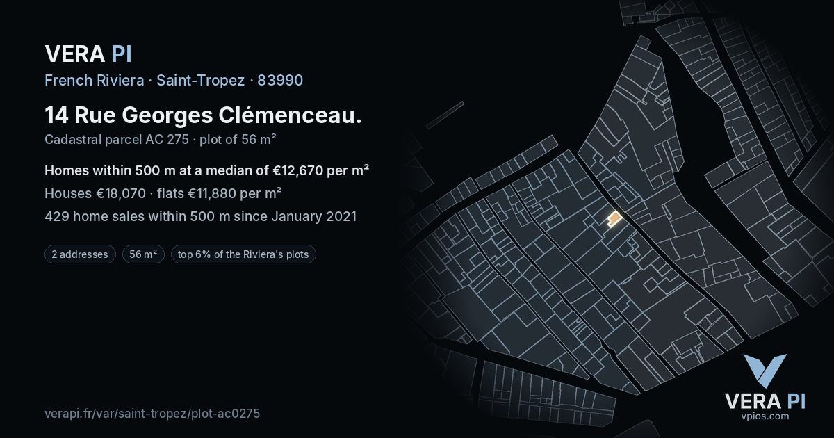 14 Rue Georges Clémenceau, Saint-Tropez at night – the plot lit, the parcels around coloured by the prices near them