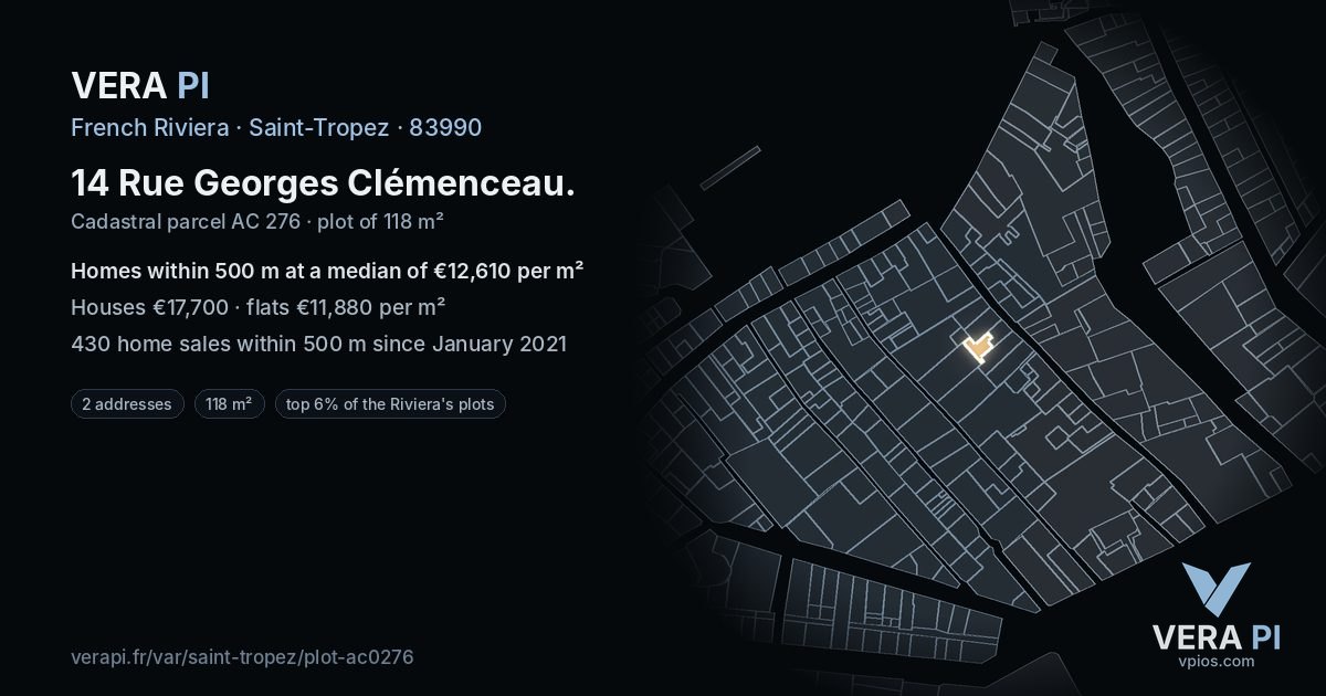 14 Rue Georges Clémenceau, Saint-Tropez at night – the plot lit, the parcels around coloured by the prices near them