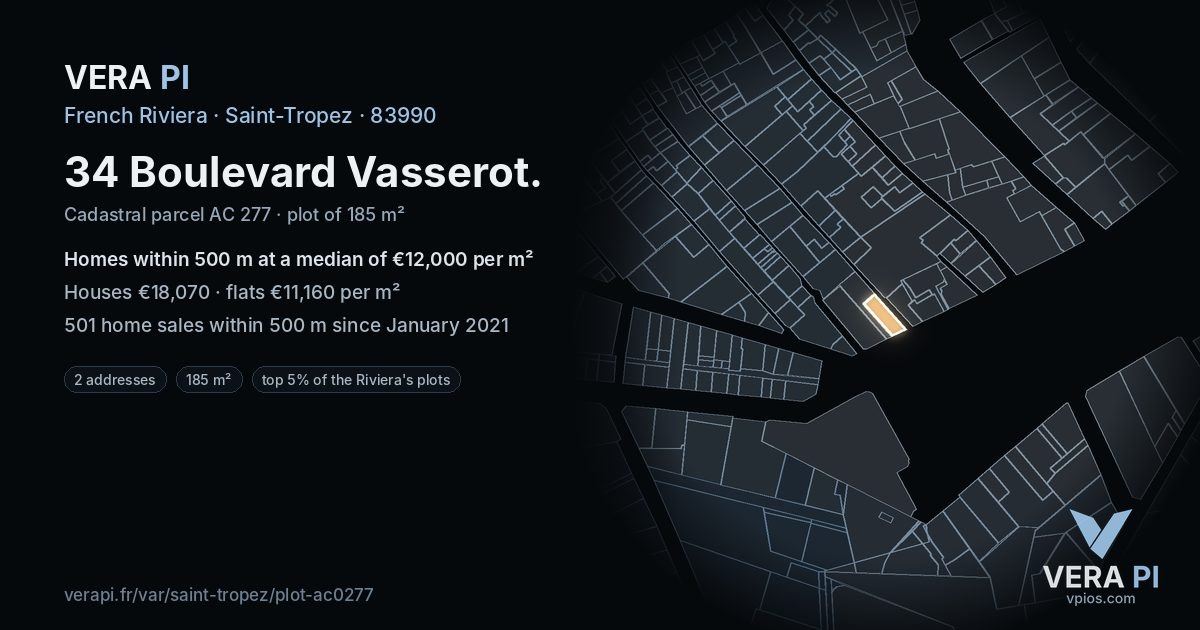 34 Boulevard Vasserot, Saint-Tropez at night – the plot lit, the parcels around coloured by the prices near them