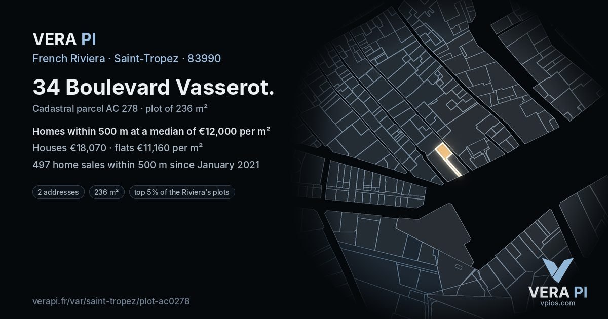 34 Boulevard Vasserot, Saint-Tropez at night – the plot lit, the parcels around coloured by the prices near them