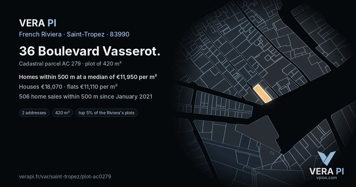 36 Boulevard Vasserot, Saint-Tropez at night – the plot lit, the parcels around coloured by the prices near them