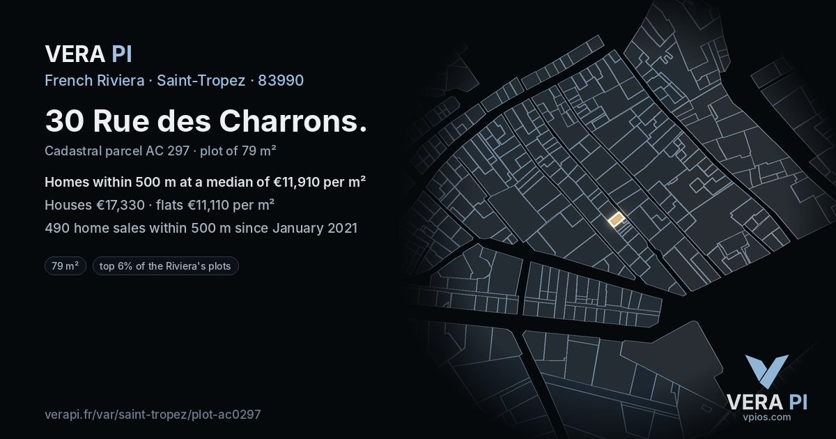 30 Rue des Charrons, Saint-Tropez at night – the plot lit, the parcels around coloured by the prices near them
