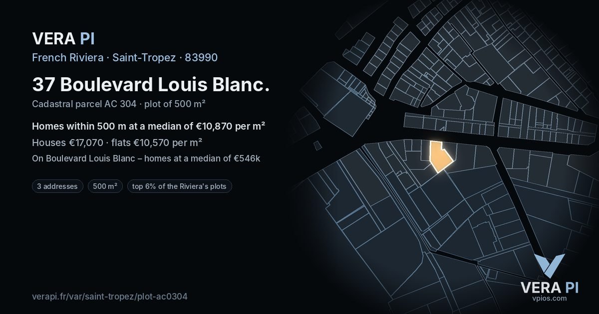 37 Boulevard Louis Blanc, Saint-Tropez at night – the plot lit, the parcels around coloured by the prices near them