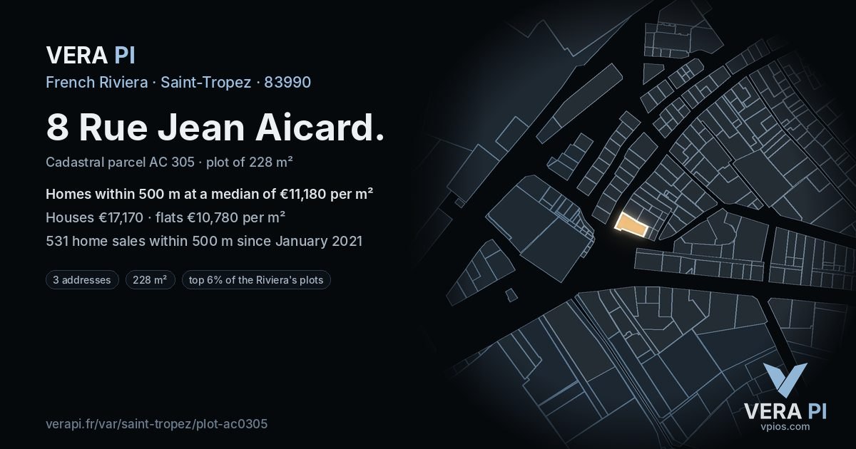 8 Rue Jean Aicard, Saint-Tropez at night – the plot lit, the parcels around coloured by the prices near them