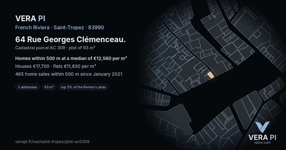 64 Rue Georges Clémenceau, Saint-Tropez at night – the plot lit, the parcels around coloured by the prices near them