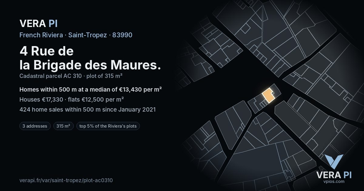 4 Rue de la Brigade des Maures, Saint-Tropez at night – the plot lit, the parcels around coloured by the prices near them