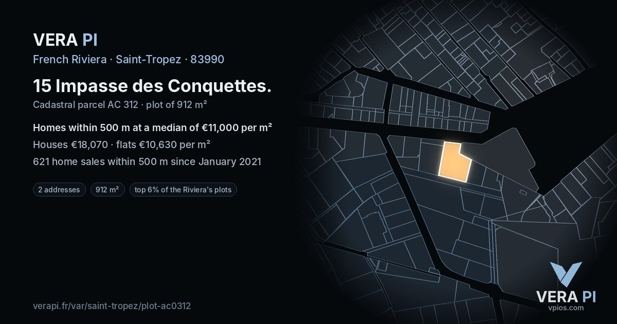 15 Impasse des Conquettes, Saint-Tropez at night – the plot lit, the parcels around coloured by the prices near them
