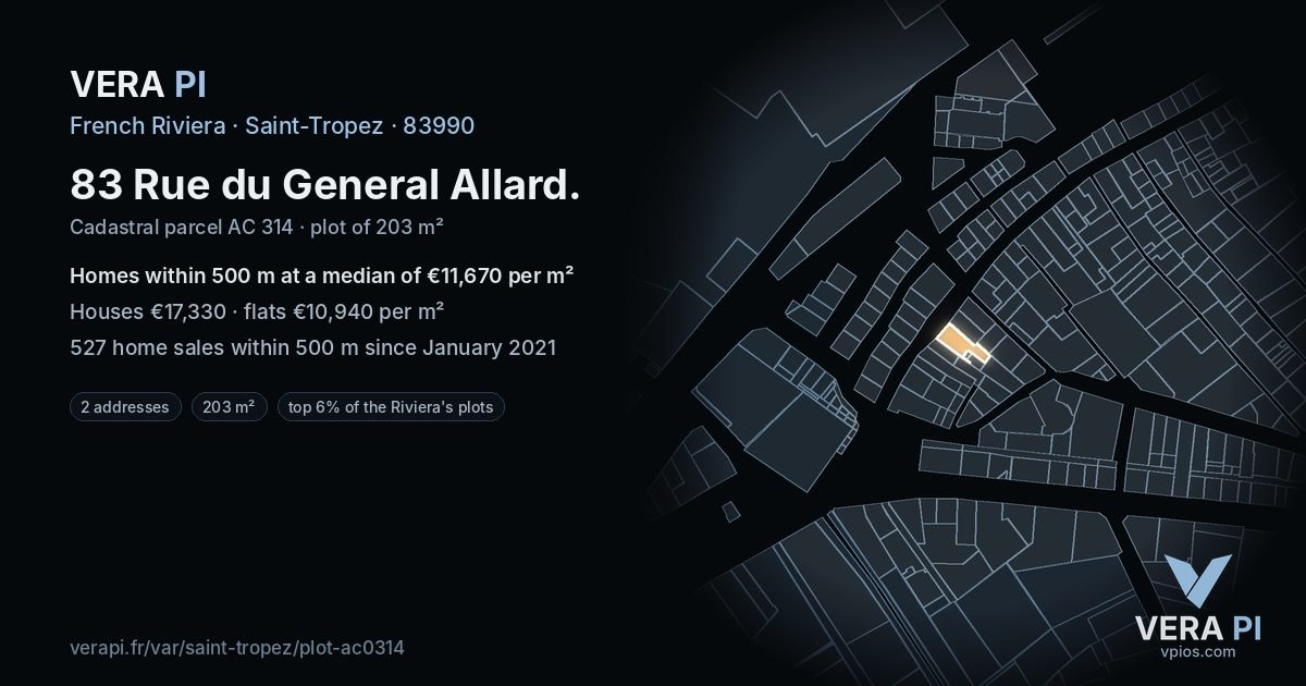83 Rue du General Allard, Saint-Tropez at night – the plot lit, the parcels around coloured by the prices near them