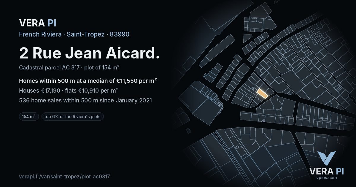 2 Rue Jean Aicard, Saint-Tropez at night – the plot lit, the parcels around coloured by the prices near them
