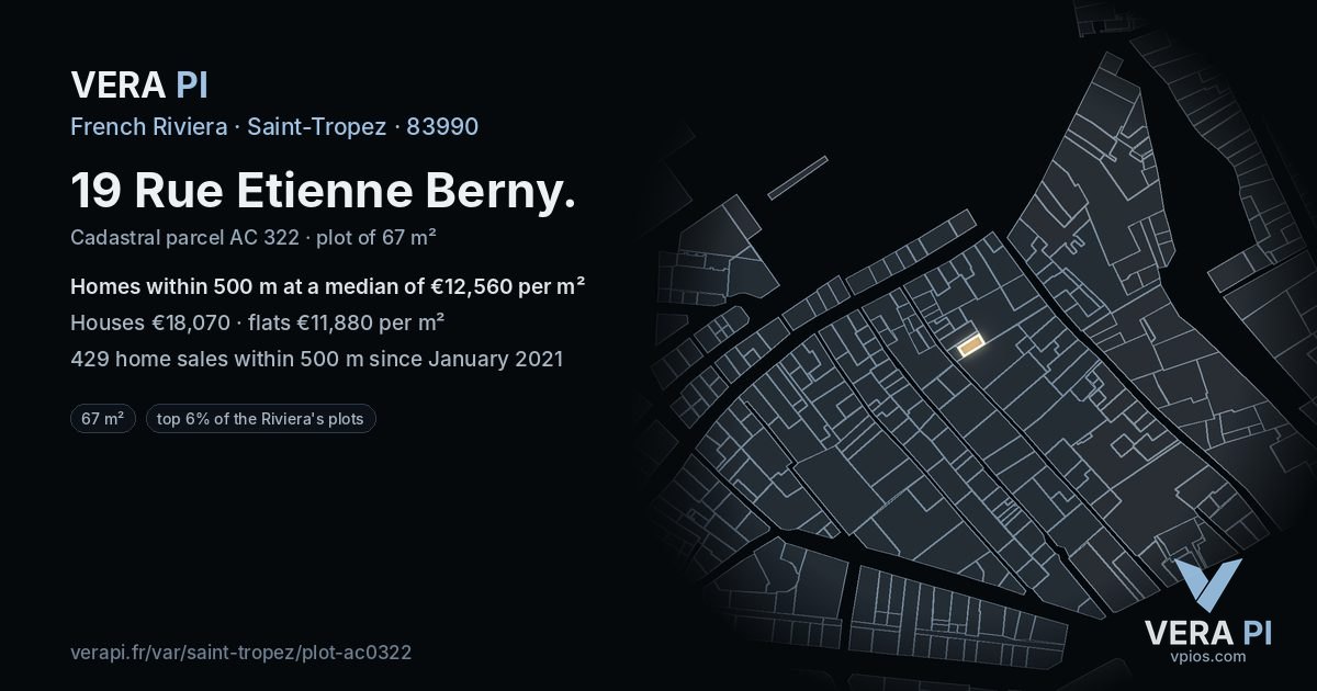 19 Rue Etienne Berny, Saint-Tropez at night – the plot lit, the parcels around coloured by the prices near them