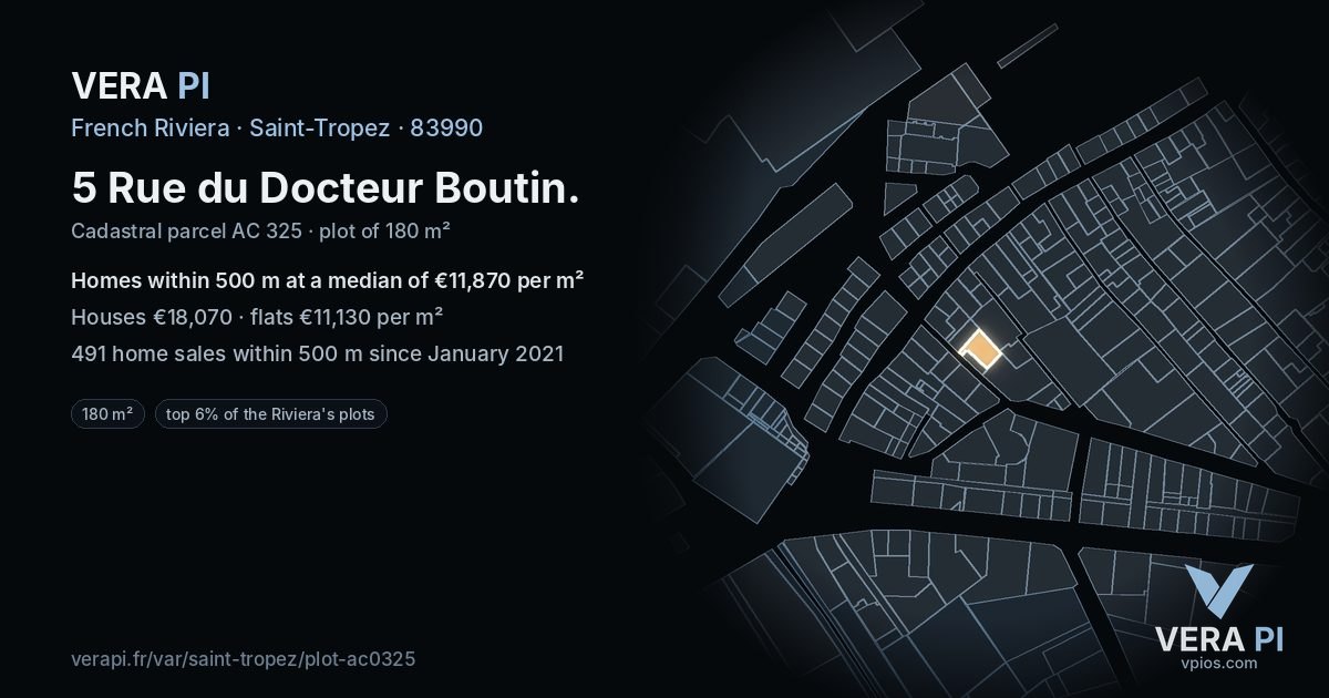 5 Rue du Docteur Boutin, Saint-Tropez at night – the plot lit, the parcels around coloured by the prices near them
