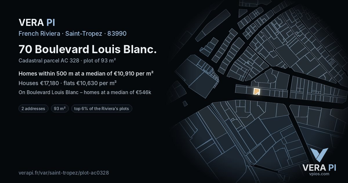 70 Boulevard Louis Blanc, Saint-Tropez at night – the plot lit, the parcels around coloured by the prices near them