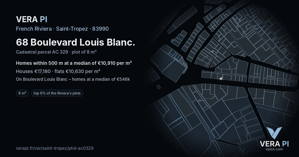 68 Boulevard Louis Blanc, Saint-Tropez at night – the plot lit, the parcels around coloured by the prices near them