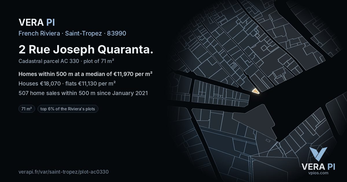 2 Rue Joseph Quaranta, Saint-Tropez at night – the plot lit, the parcels around coloured by the prices near them