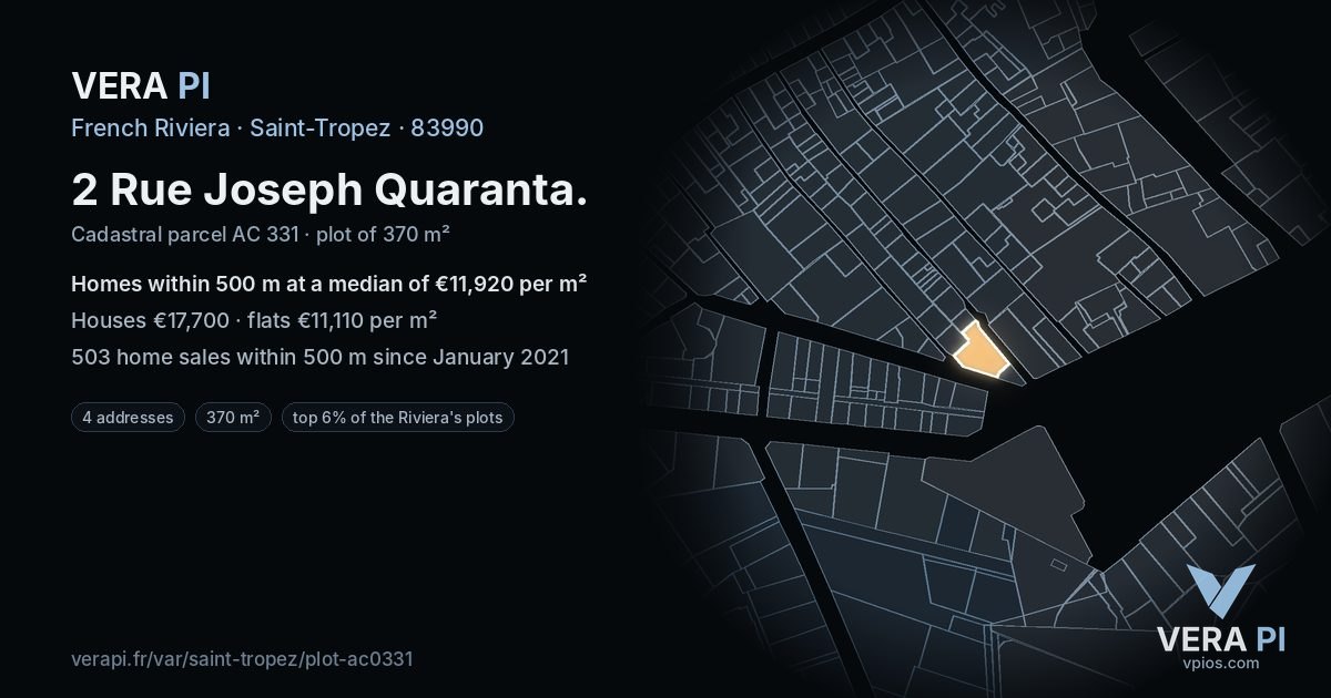 2 Rue Joseph Quaranta, Saint-Tropez at night – the plot lit, the parcels around coloured by the prices near them