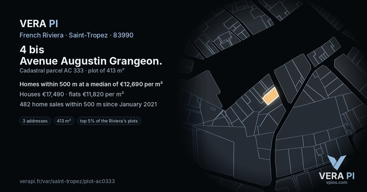 4 bis Avenue Augustin Grangeon, Saint-Tropez at night – the plot lit, the parcels around coloured by the prices near them