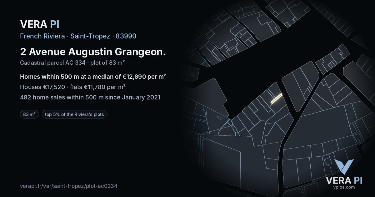 2 Avenue Augustin Grangeon, Saint-Tropez at night – the plot lit, the parcels around coloured by the prices near them