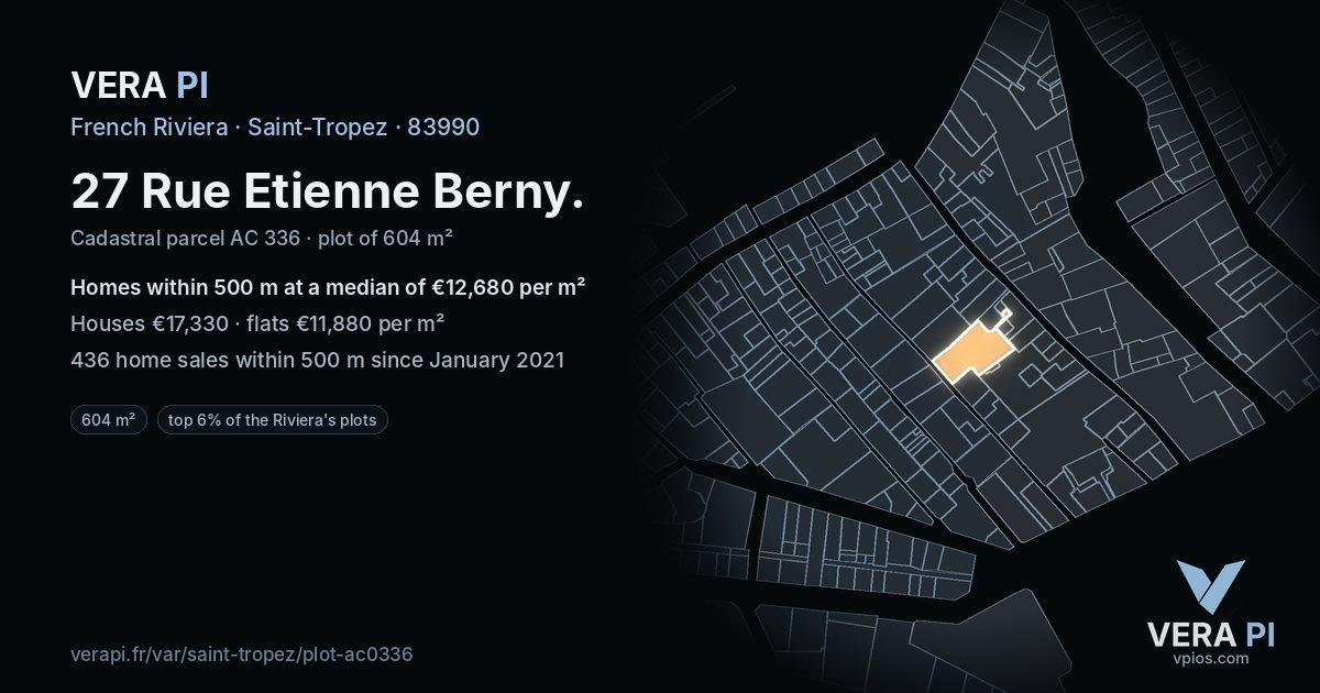 27 Rue Etienne Berny, Saint-Tropez at night – the plot lit, the parcels around coloured by the prices near them
