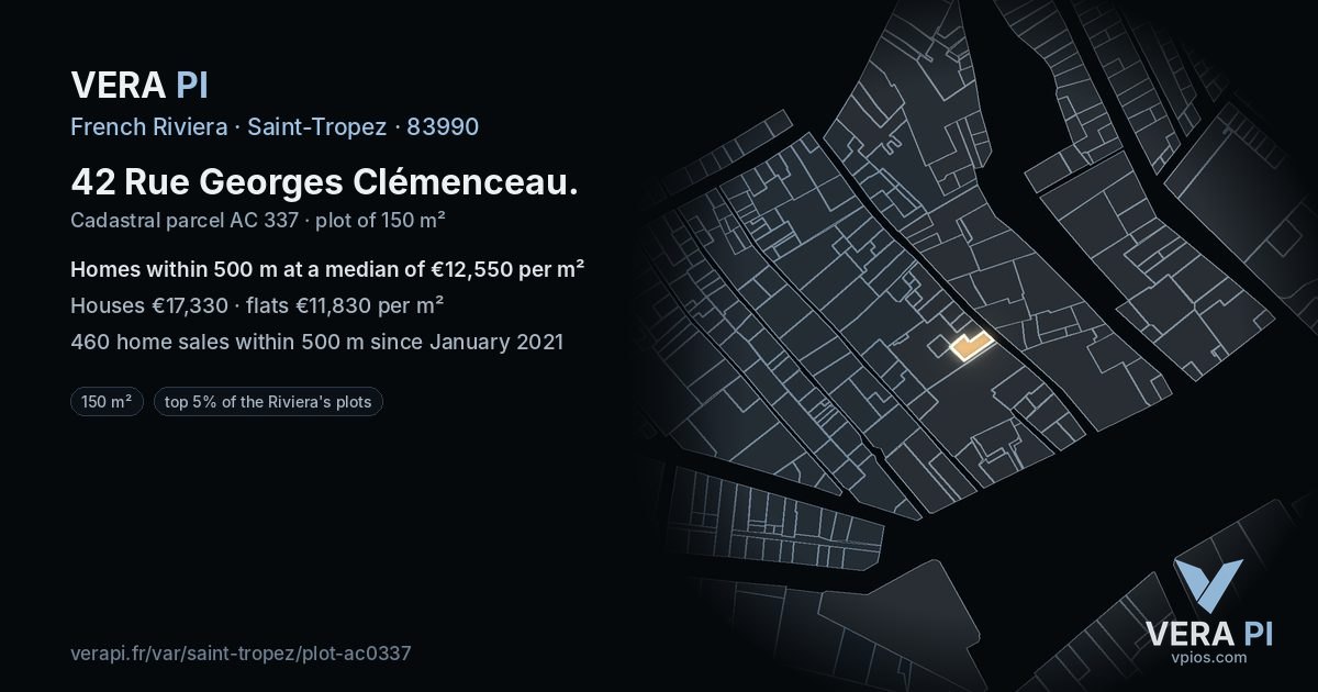 42 Rue Georges Clémenceau, Saint-Tropez at night – the plot lit, the parcels around coloured by the prices near them