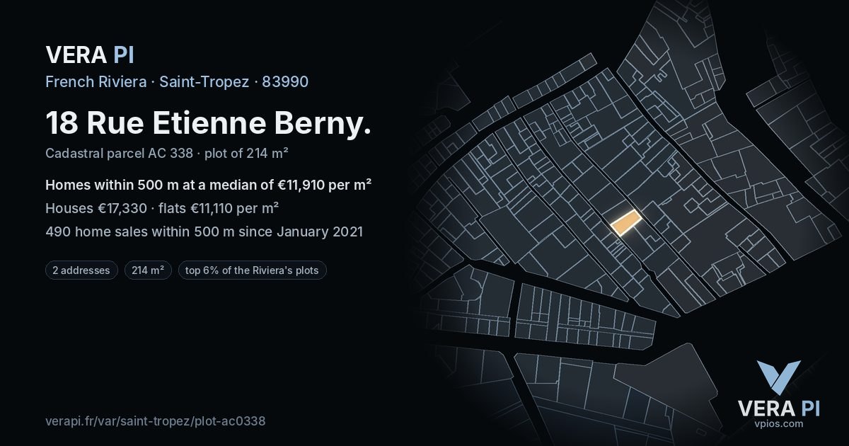 18 Rue Etienne Berny, Saint-Tropez at night – the plot lit, the parcels around coloured by the prices near them