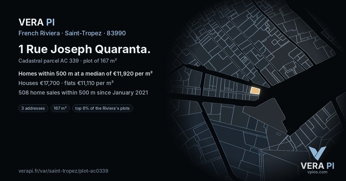 1 Rue Joseph Quaranta, Saint-Tropez at night – the plot lit, the parcels around coloured by the prices near them