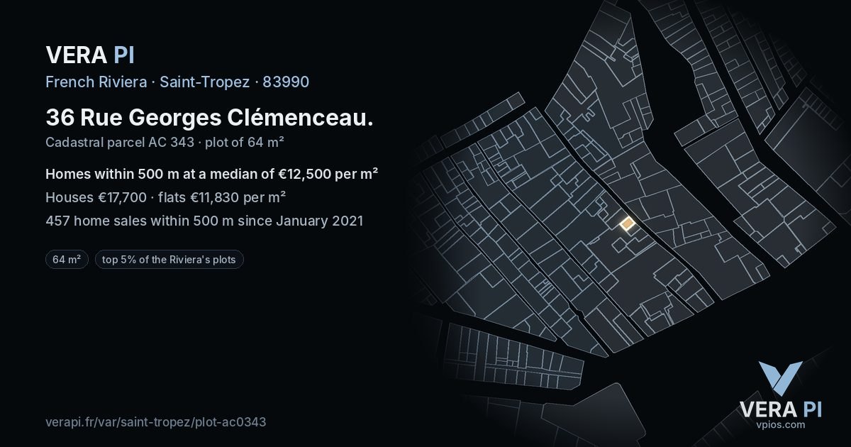 36 Rue Georges Clémenceau, Saint-Tropez at night – the plot lit, the parcels around coloured by the prices near them