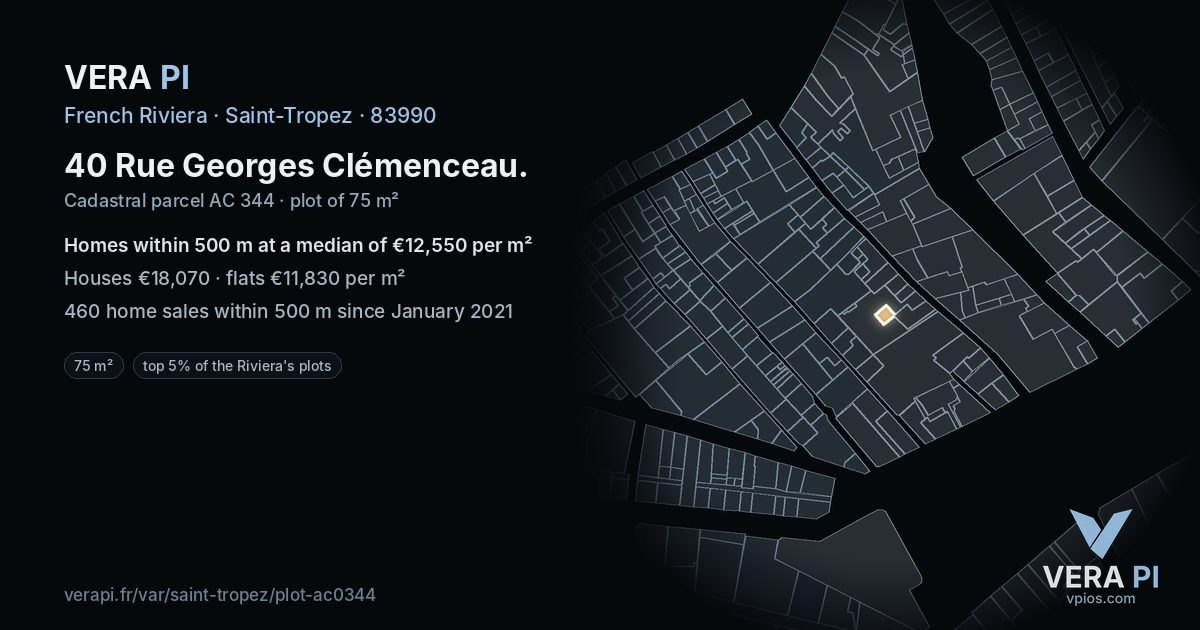 40 Rue Georges Clémenceau, Saint-Tropez at night – the plot lit, the parcels around coloured by the prices near them