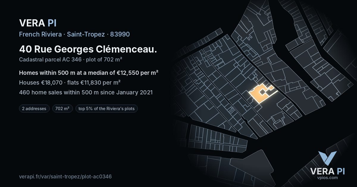 40 Rue Georges Clémenceau, Saint-Tropez at night – the plot lit, the parcels around coloured by the prices near them